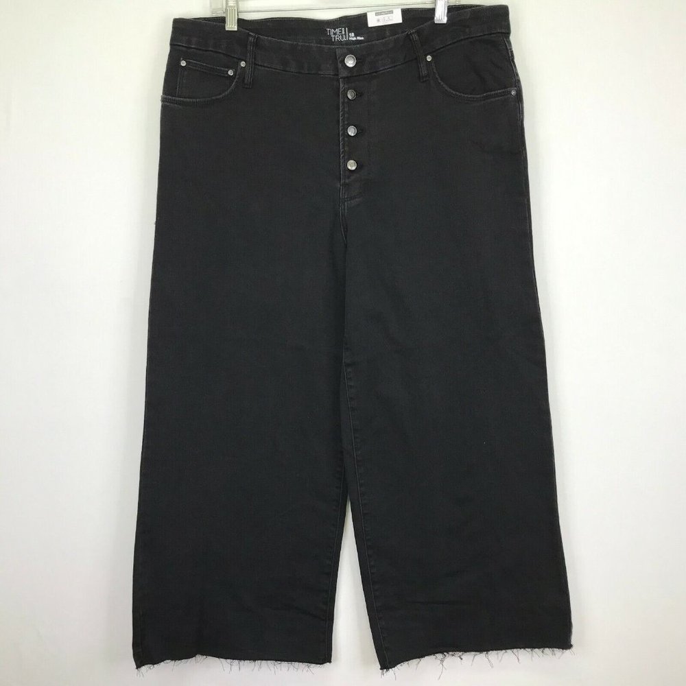 Time And Tru Womens 18 High Rise Stretch Wide Leg Crop Jean Black Button Fly